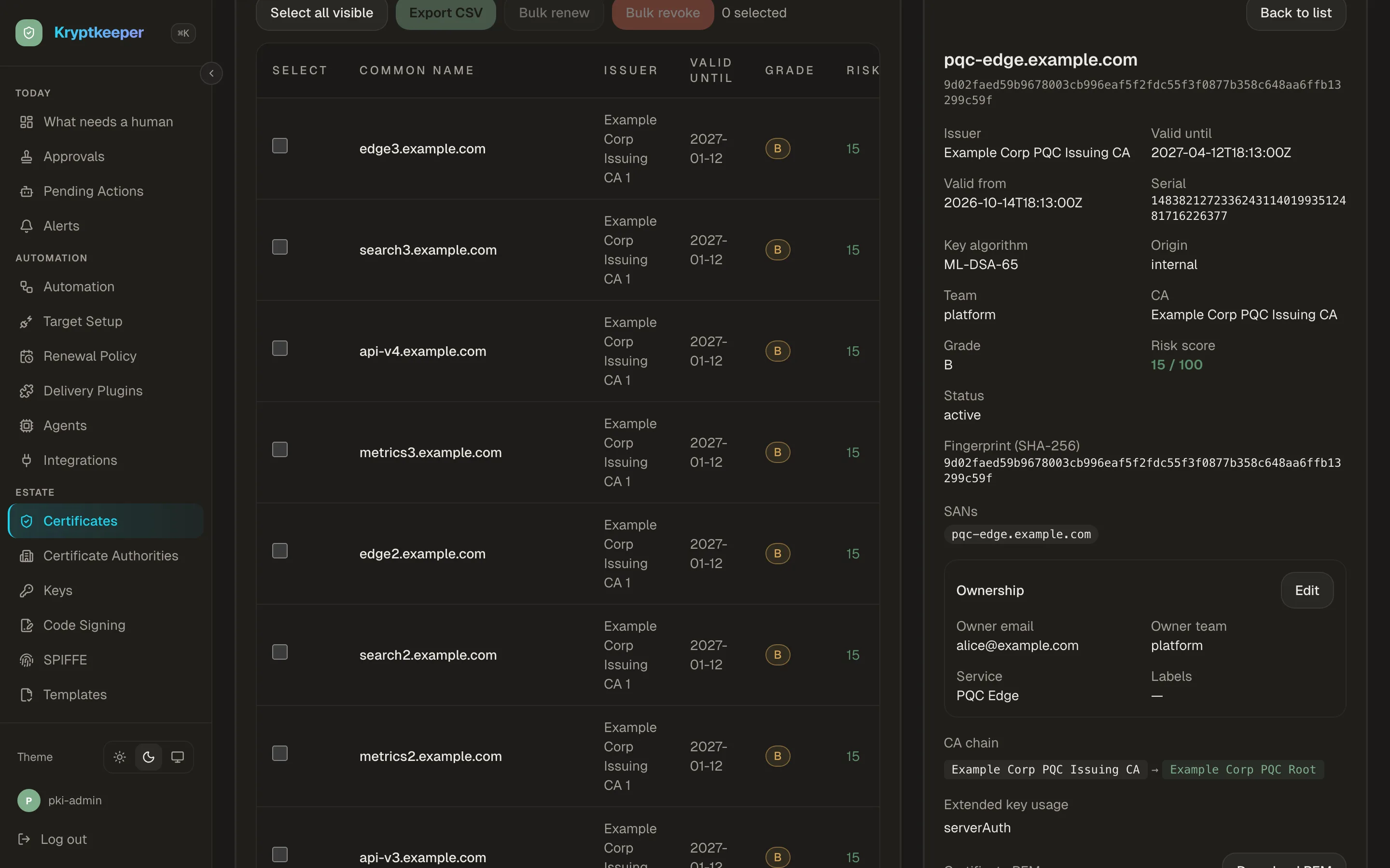 Kryptkeeper ML-DSA certificate screen