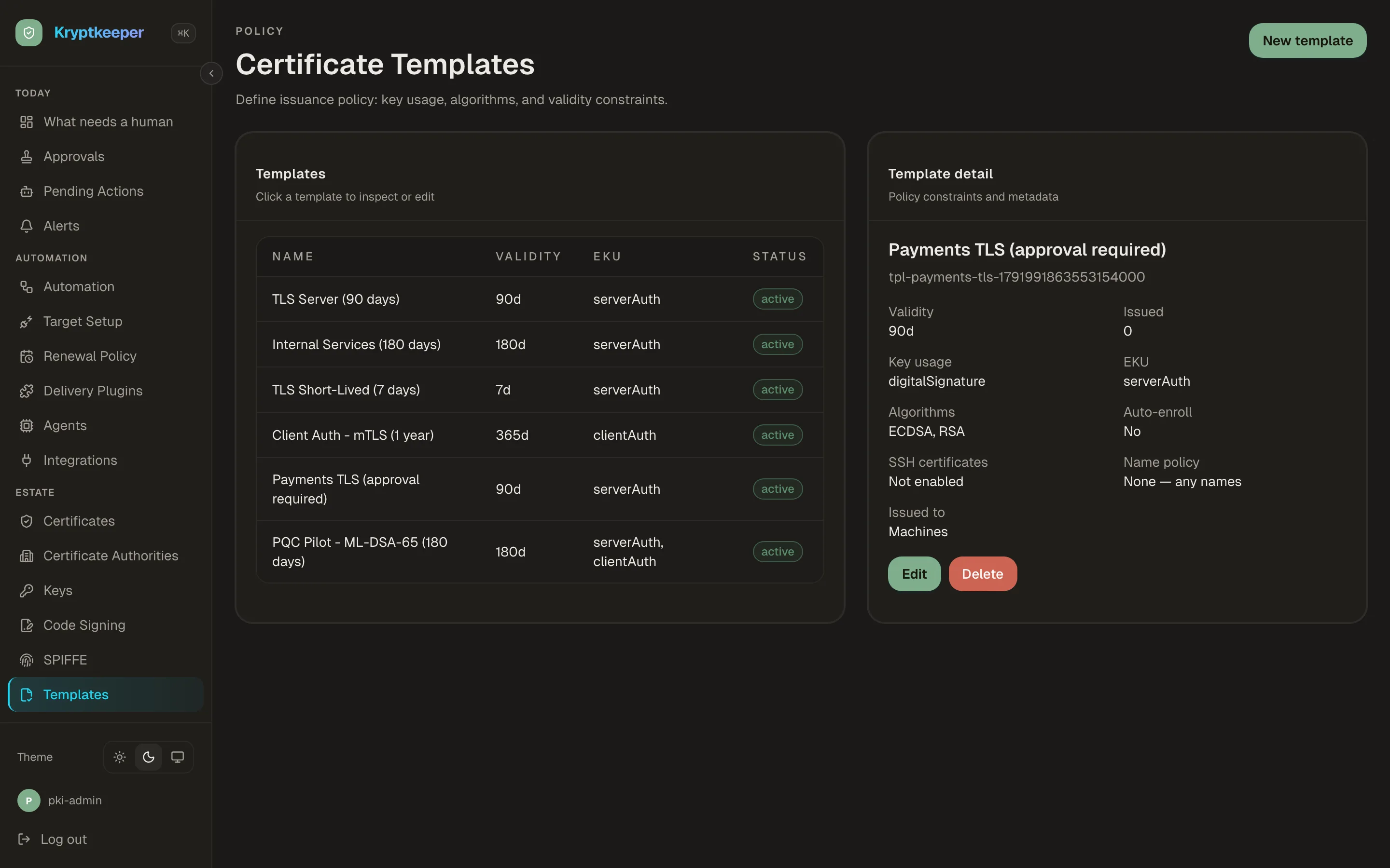 Kryptkeeper Certificate templates screen