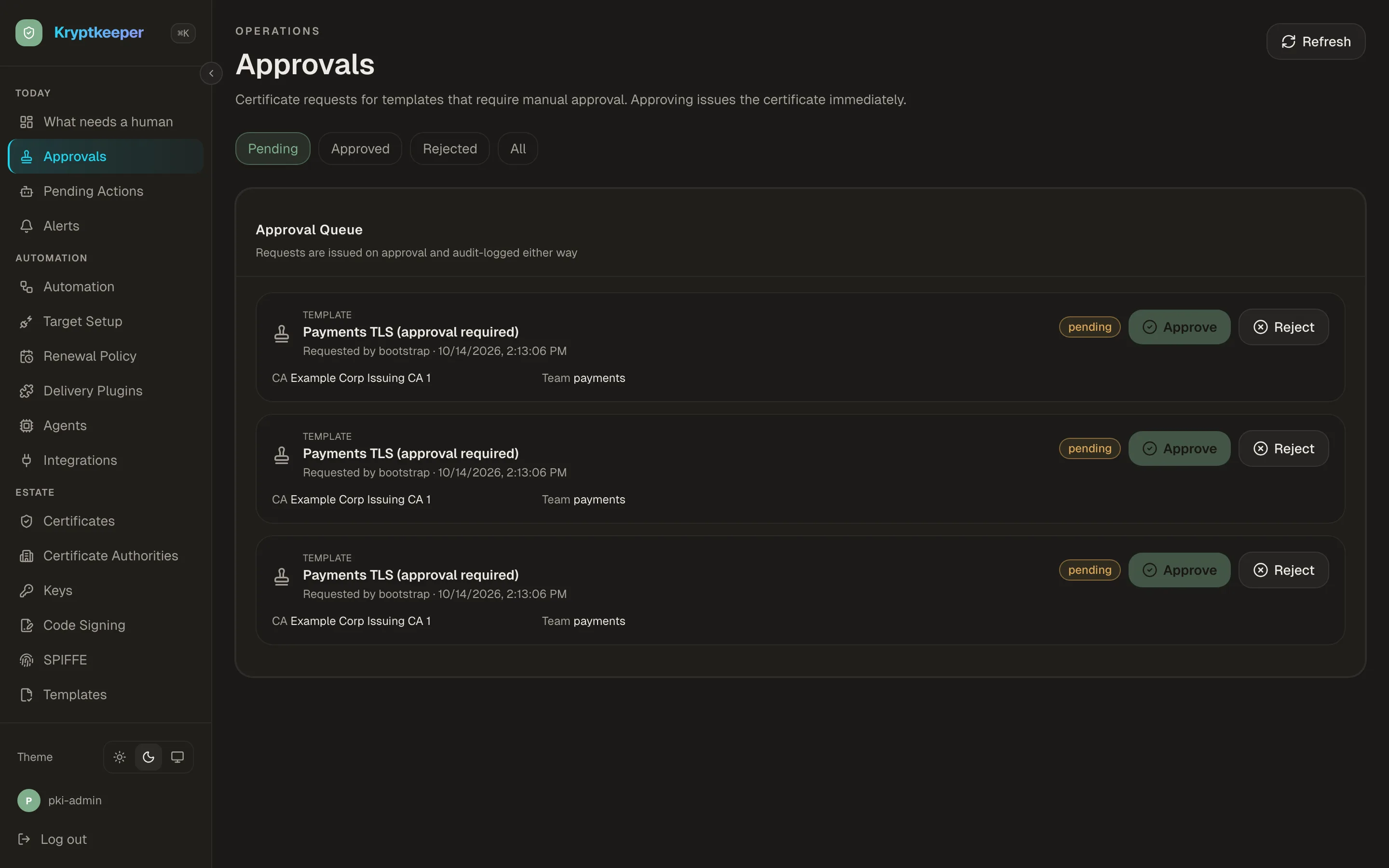 Kryptkeeper Approval queue screen